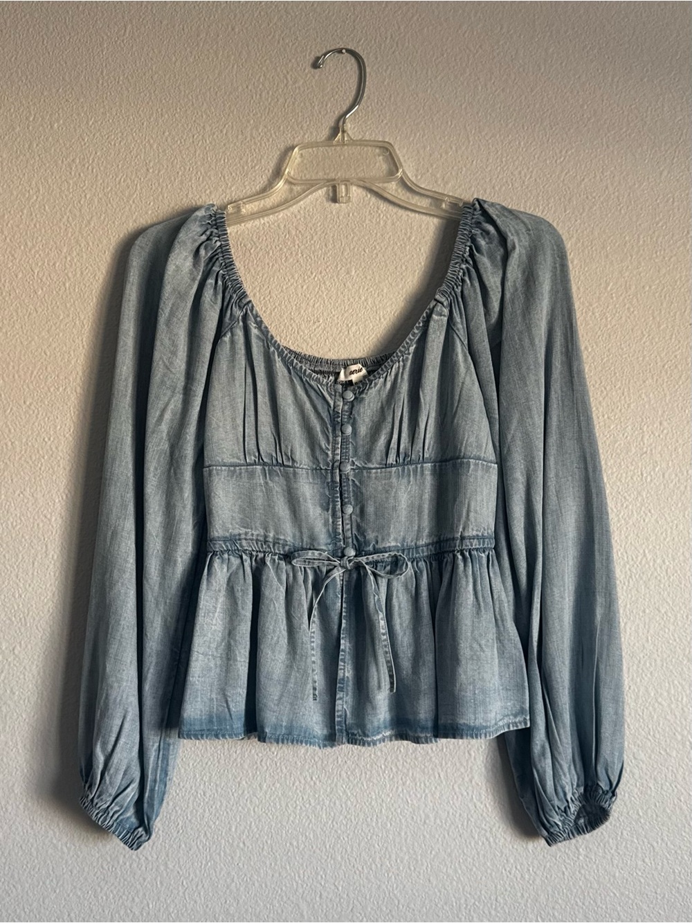 Aerie Denim Button Up Blouse with Drawstring Waist